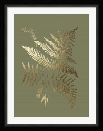 Framed Gold Foil Ferns I on Mid Green - Metallic Foil Print