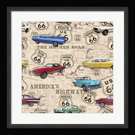 Framed Route 66 Muscle Car Map Print