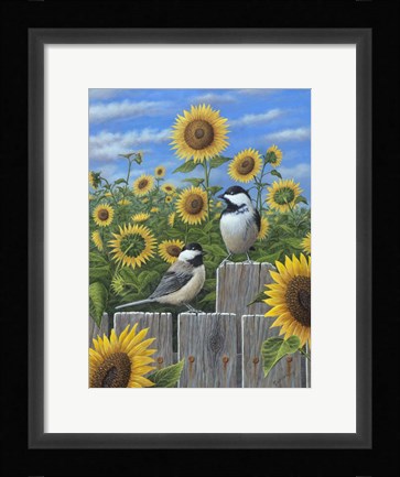 Framed Chickadees And Sunflowers Print