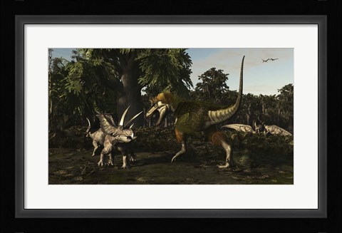 Framed Bistahieversor Attacking a Pair of Pentaceratops Print