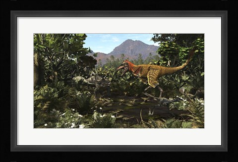 Framed Protofeathered Lythronax comes upon a Pair of Diabloceratops Print