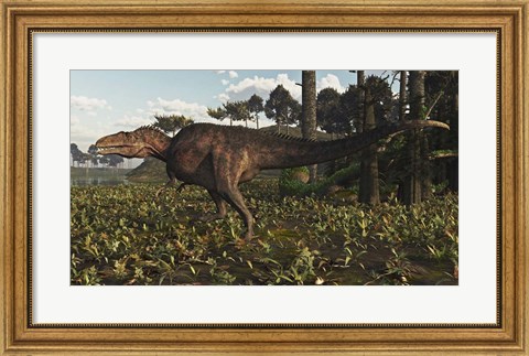 Framed Acrocanthosaurus Dinosaur Roaming A Cretaceous Landscape Print