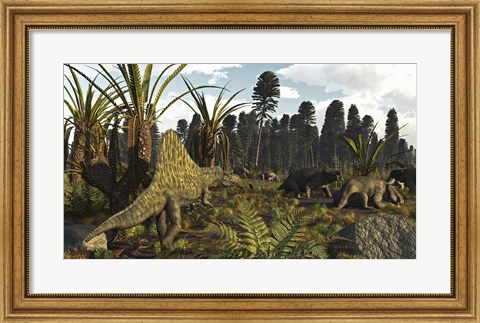 Framed Triassic Scene With The Sailback Arizonasaurus And Some Dicynodonts Print