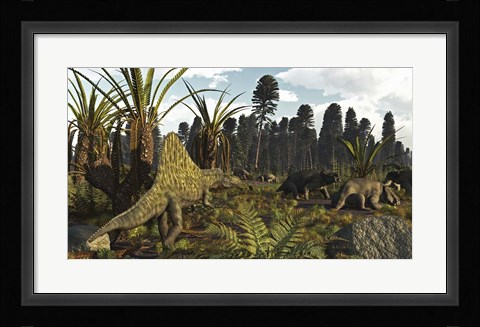 Framed Triassic Scene With The Sailback Arizonasaurus And Some Dicynodonts Print