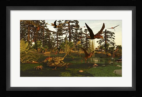 Framed Eudimorphodon And Peteinosaurus Pterosaurs In A Swampy Triassic Scene Print