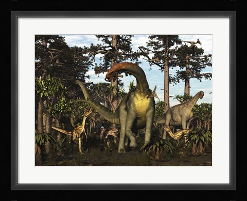 Framed Jobaria Dinosaur Is Menaced By Afrovenators In Jurassic North Africa Print