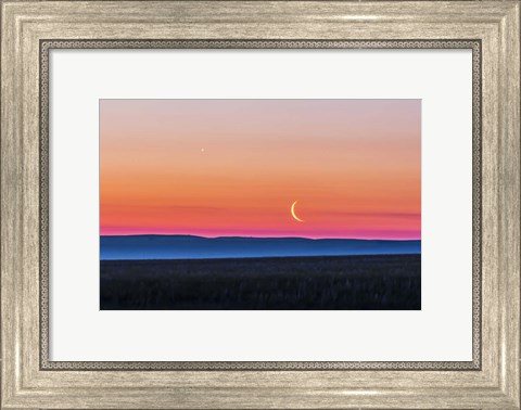 Framed Moon and Venus rising over the flat prairie horizon of Alberta, Canada Print