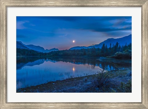 Framed Crescent moon over Middle Lake in Bow Valley, Alberta, Canada Print