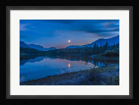 Framed Crescent moon over Middle Lake in Bow Valley, Alberta, Canada Print