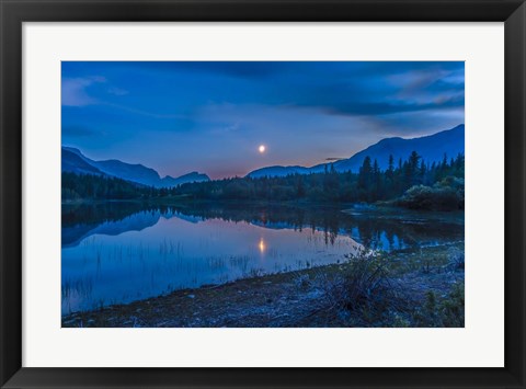Framed Crescent moon over Middle Lake in Bow Valley, Alberta, Canada Print