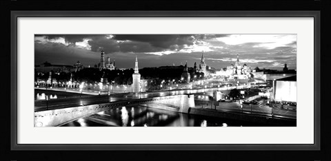 Framed City lit up at night, Red Square, Kremlin, Moscow, Russia BW Print