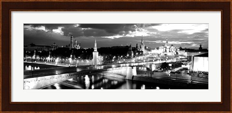 Framed City lit up at night, Red Square, Kremlin, Moscow, Russia BW Print