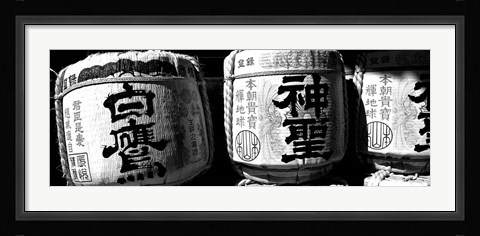 Framed Close-up of three dedicated sake barrels, Imamiya Temple, Kita-ku, Kyoto, Japan Print
