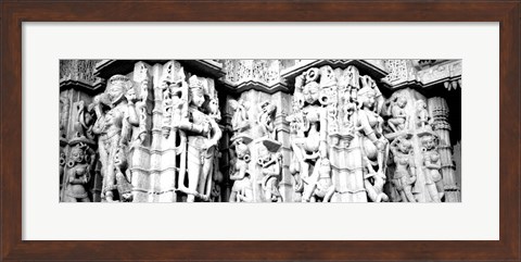 Framed Sculptures carved on a wall of a temple, Jain Temple, Ranakpur, Rajasthan, India BW Print
