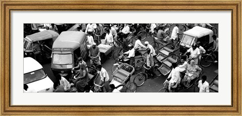 Framed High angle view of traffic on the street, Old Delhi, Delhi, India BW Print