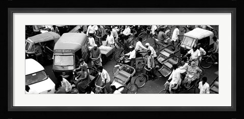 Framed High angle view of traffic on the street, Old Delhi, Delhi, India BW Print