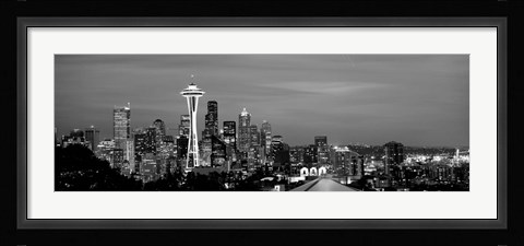 Framed Skyscrapers in a city lit up at night, Space Needle, Seattle, King County, Washington State Print