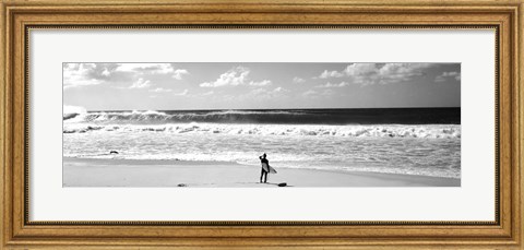 Framed Surfer standing on the beach, North Shore, Oahu, Hawaii BW Print