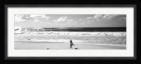 Framed Surfer standing on the beach, North Shore, Oahu, Hawaii BW Print
