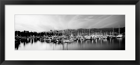 Framed Boats moored in harbor at sunset, Santa Barbara Harbor, California Print