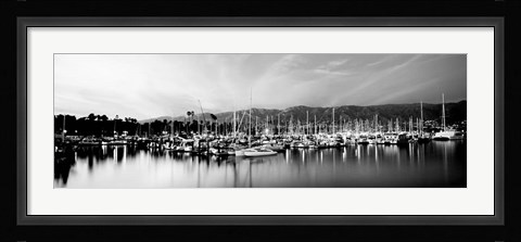 Framed Boats moored in harbor at sunset, Santa Barbara Harbor, California Print