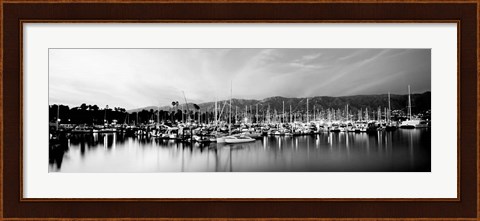 Framed Boats moored in harbor at sunset, Santa Barbara Harbor, California Print