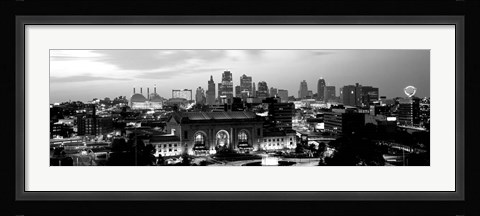 Framed Union Station at sunset with city skyline in background, Kansas City, Missouri BW Print