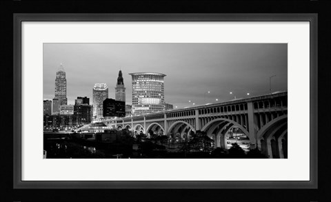 Framed Bridge in a city lit up at dusk, Detroit Avenue Bridge, Cleveland, Ohio Print