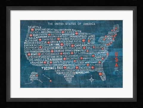 Framed US City Map on Wood Blue Print