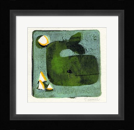 Framed Green Whale Monoprint Print
