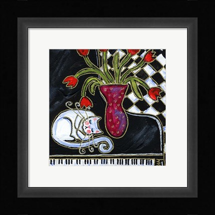 Framed Kitty Asleep On The Piano Print