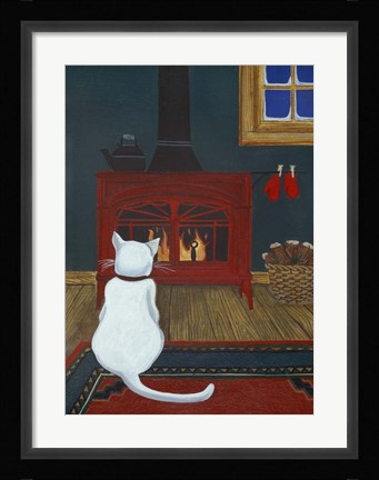 Framed Mittens Warming By The Fire Print