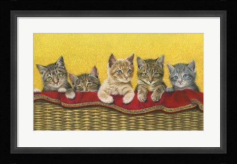Framed Five Kittens In Basket Print