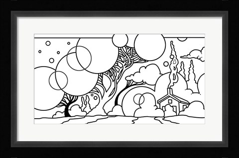 Framed Circle Tree Landscape Lineart Print