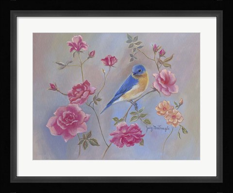 Framed Blue Bird In Roses Print