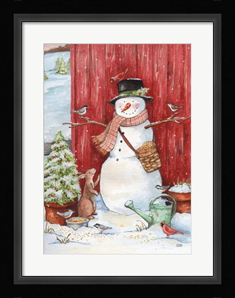 Framed Snowman with Birds and Flurries Print