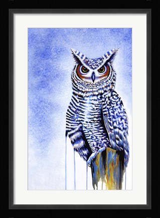 Framed Great Horned Owl In Blue Print