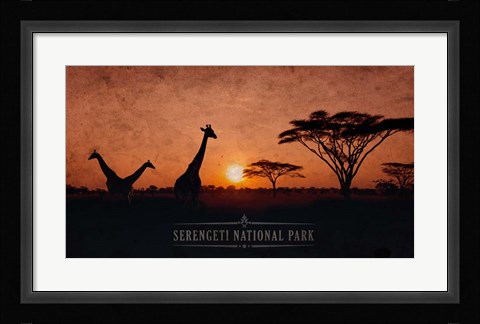 Framed Vintage Sunset with Giraffes in Serengeti National Park, Africa Print