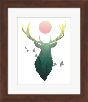 Framed Green Ombre Forest in Stag Silhouette Print