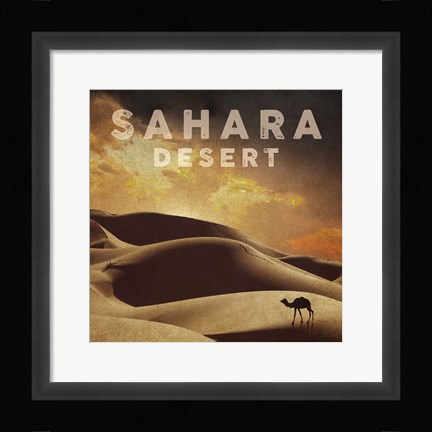 Framed Vintage Sahara Desert with Sand Dunes and Camel, Africa Print