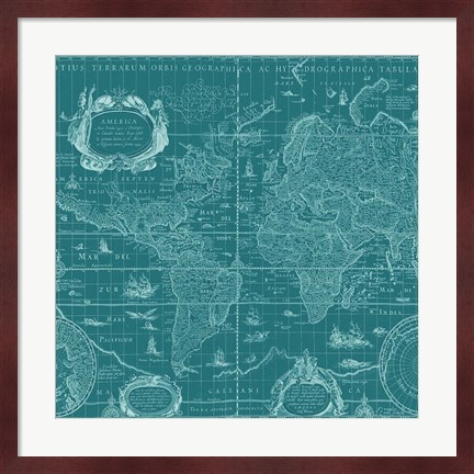 Framed Blueprint World Map, teal Print