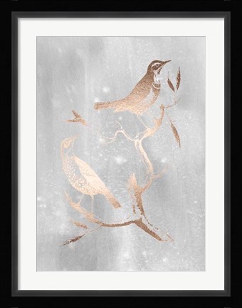 Framed Rose Gold Foil Birds I on Grey Wash Print
