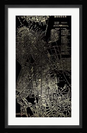 Framed Gold Foil City Map Boston on Black Print