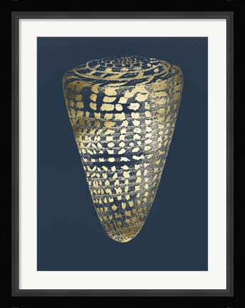 Framed Gold Foil Shell I on Cobalt Print