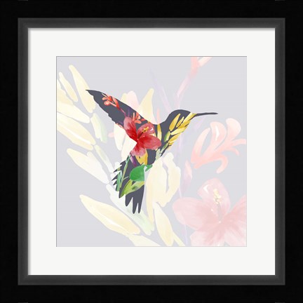 Framed Grey Floral Hummingbird Print