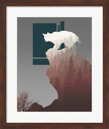 Framed Red Ombre Forest in Bobcat Silhouette Print