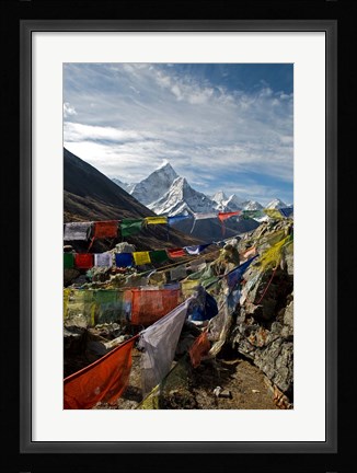 Framed Prayer flags, Everest Base Camp Trail, peak of Ama Dablam, Nepal Print