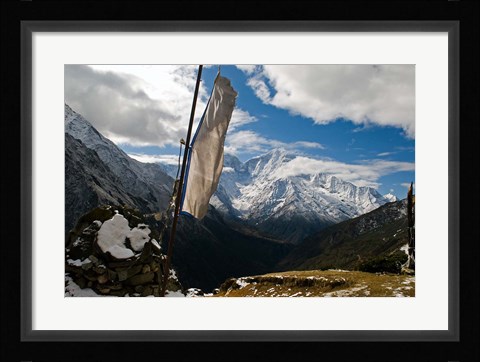 Framed Prayer flags on ridge above Dole, peak of Ama Dablam, Nepa, Print
