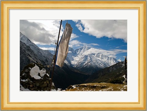 Framed Prayer flags on ridge above Dole, peak of Ama Dablam, Nepa, Print