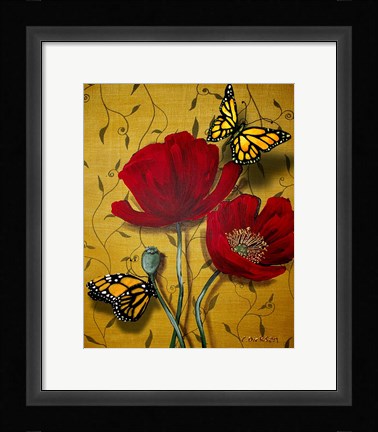 Framed Red Poppies With Yellow Butterflies Print